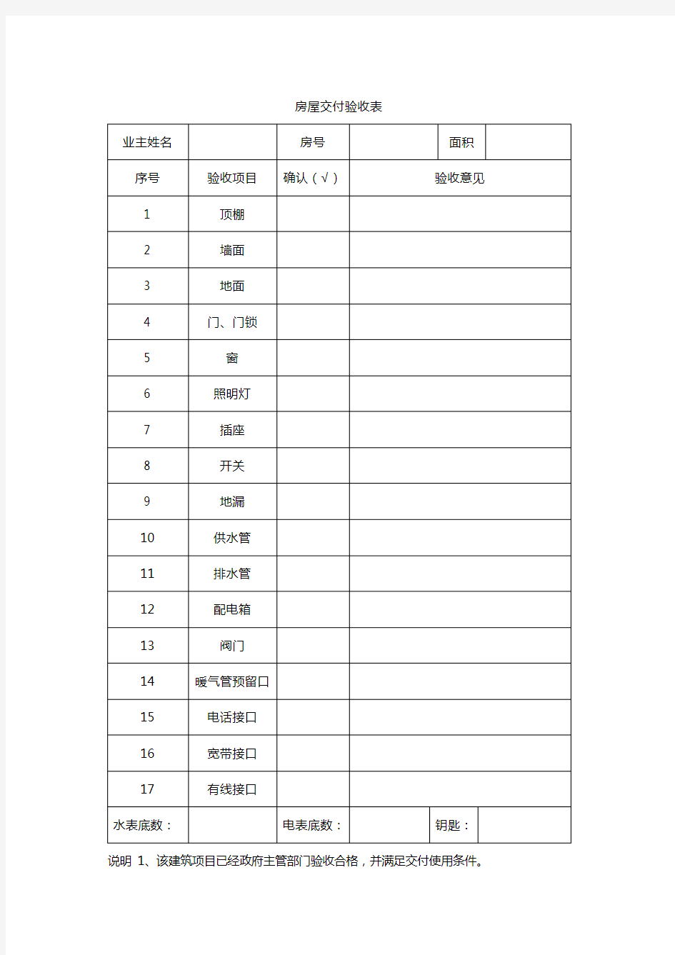 房屋交付验收表