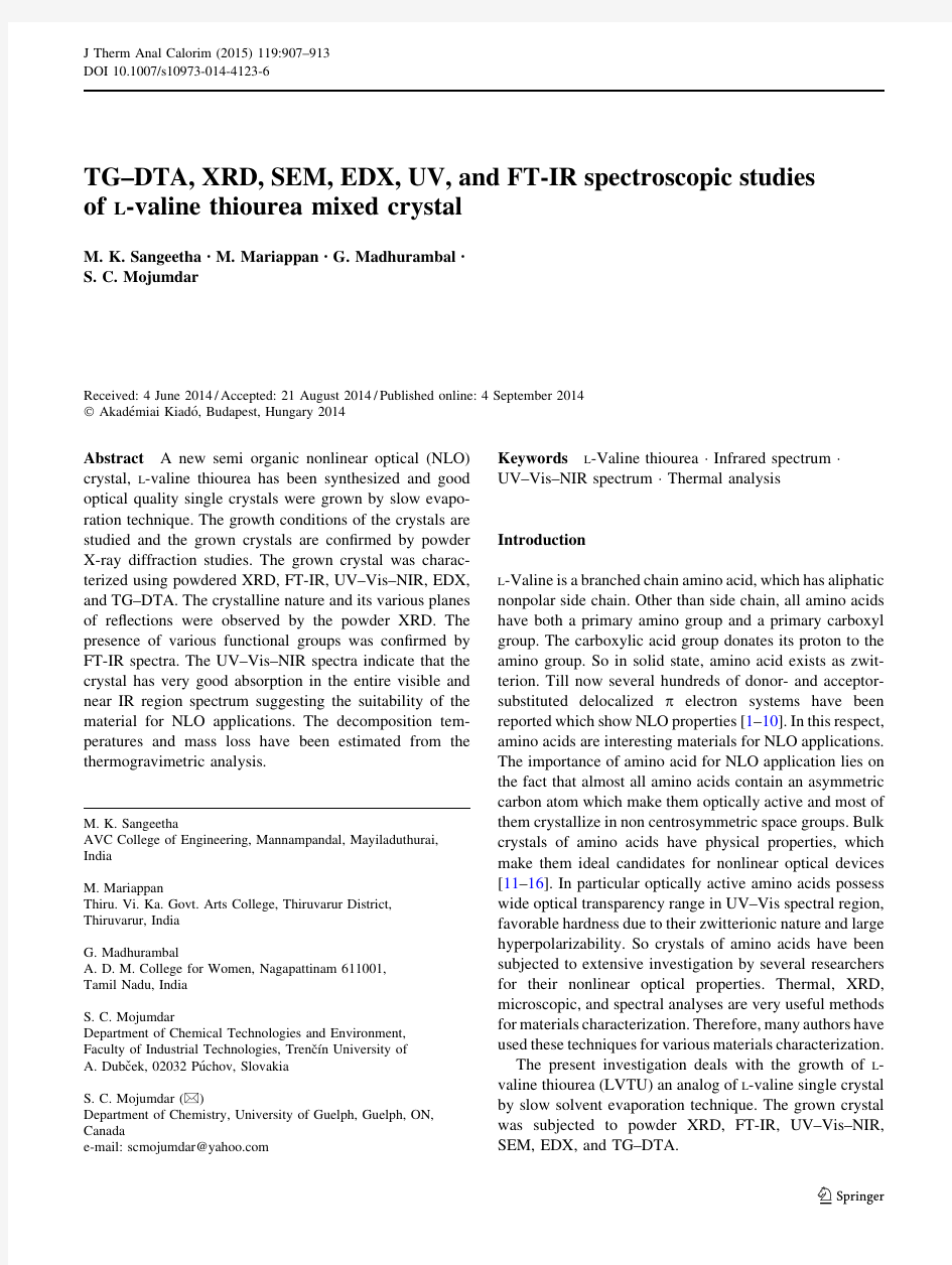 TG–DTA, XRD, SEM, EDX, UV, and FT-IR spectroscopic studies of l-valine thiourea mixed crystal