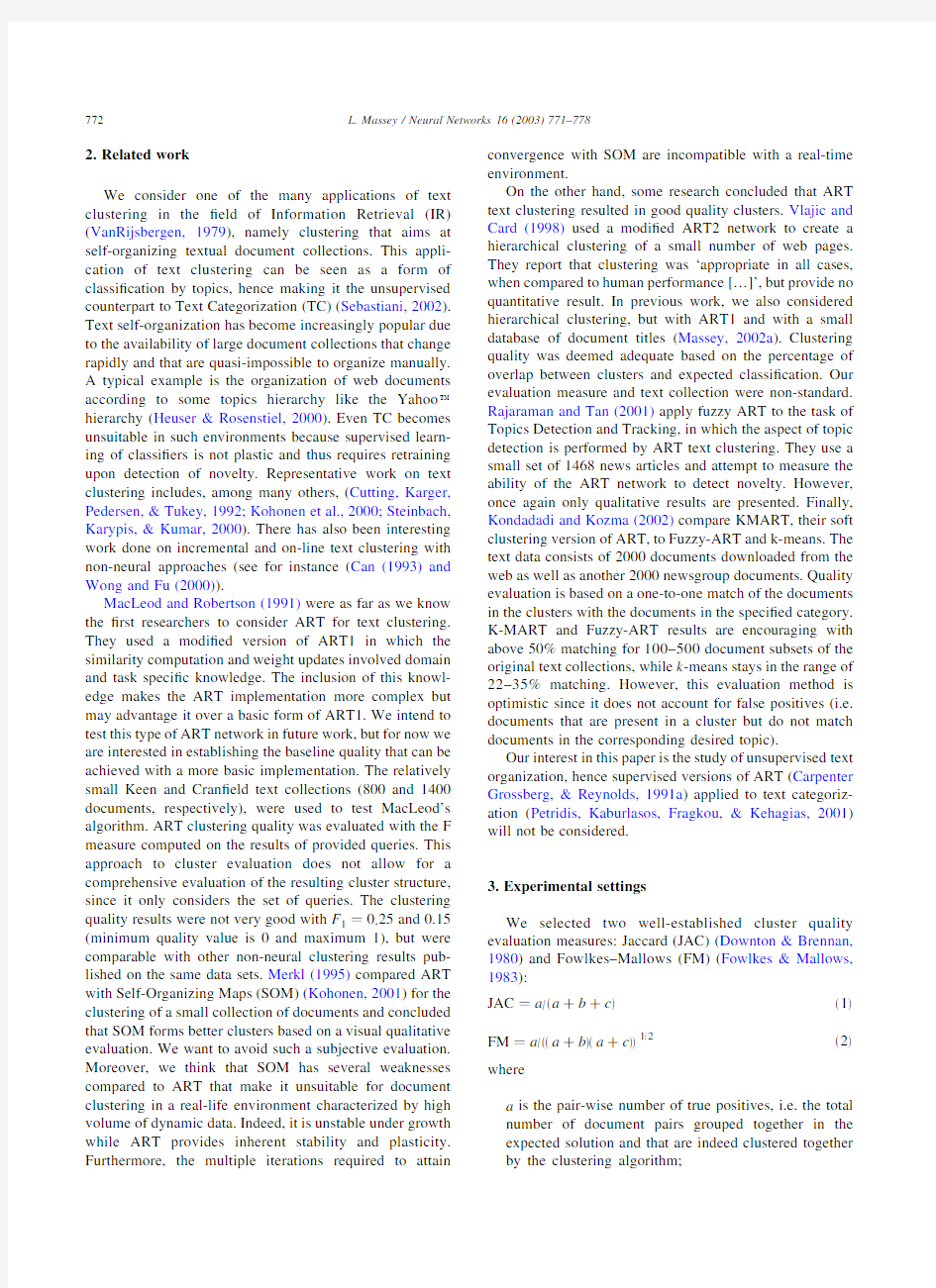 2003 Special issue On the quality of ART1 text clustering