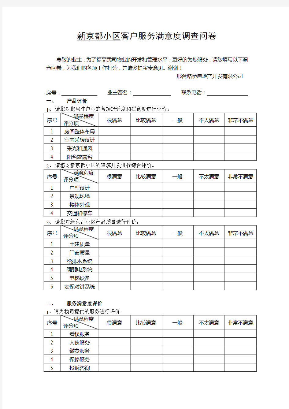 物业公司年度客户满意度调查表