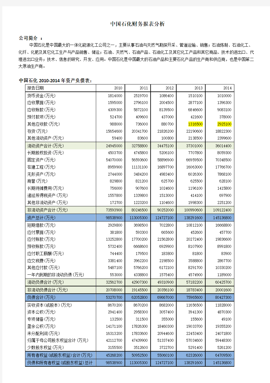 中国石化财务报表分析 上市公司财务报表分析