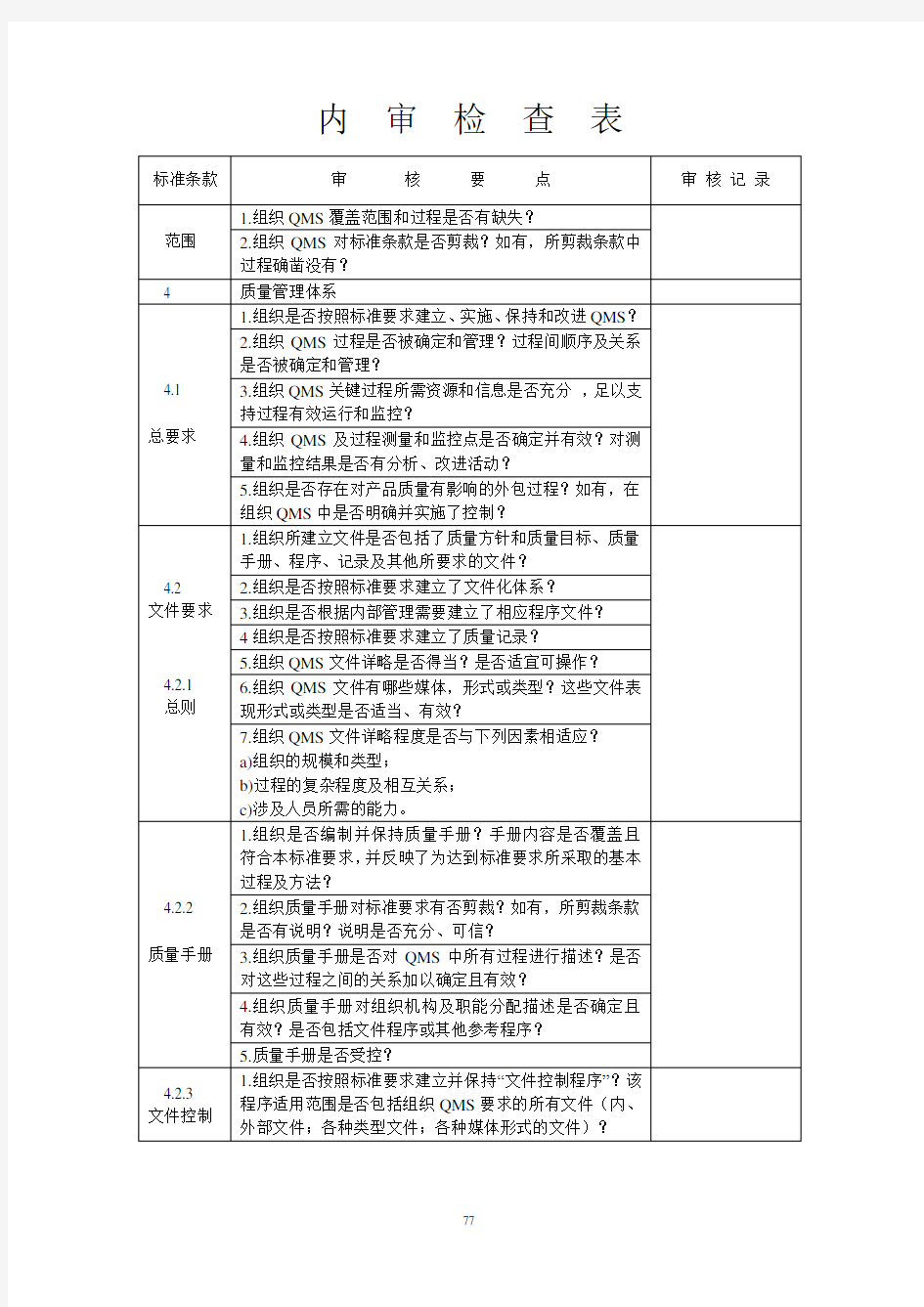 ISO9001内审检查表全套资料