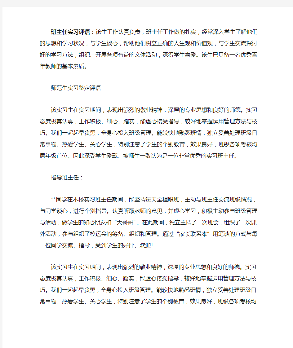 班主任实习评语