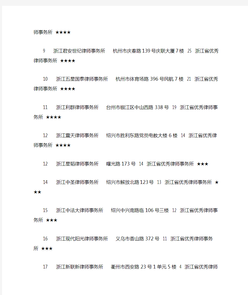 浙江地区优秀律师事务所星级排名名单