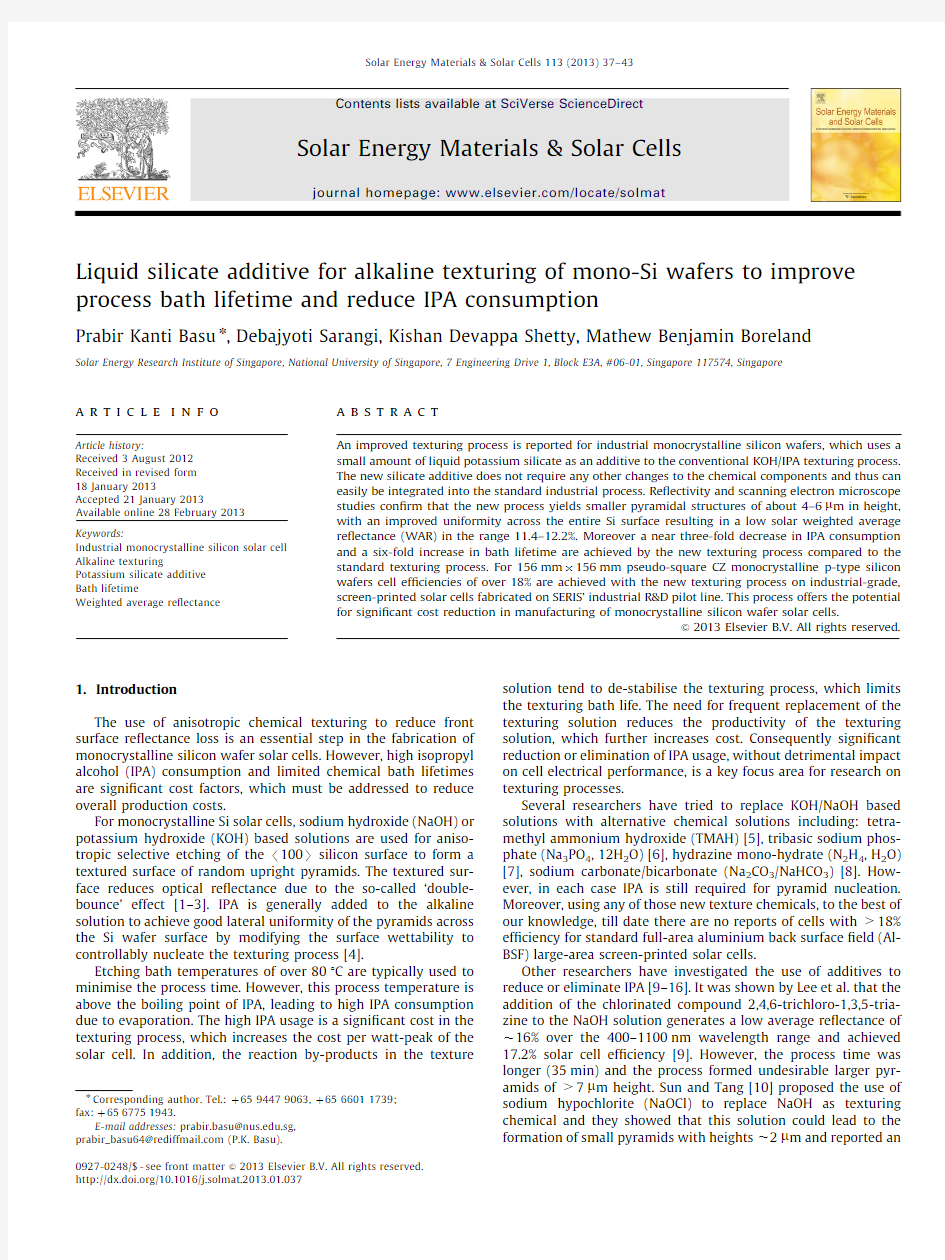 Liquid silicate additive for alkaline texturing of mono-Si wafers to improve process bath lifetime