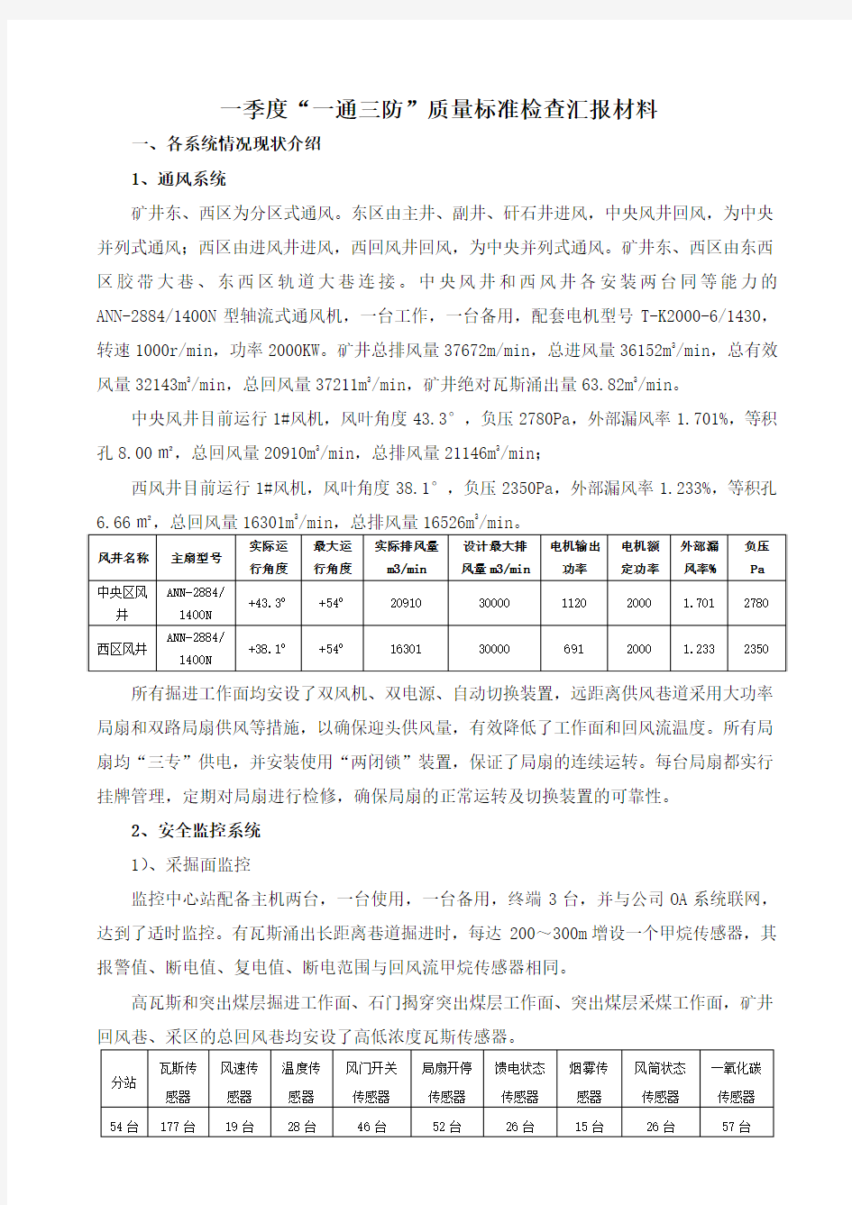 刘庄煤矿一季度公司“一通三防”质量标准化检查汇报材料2011-3-29