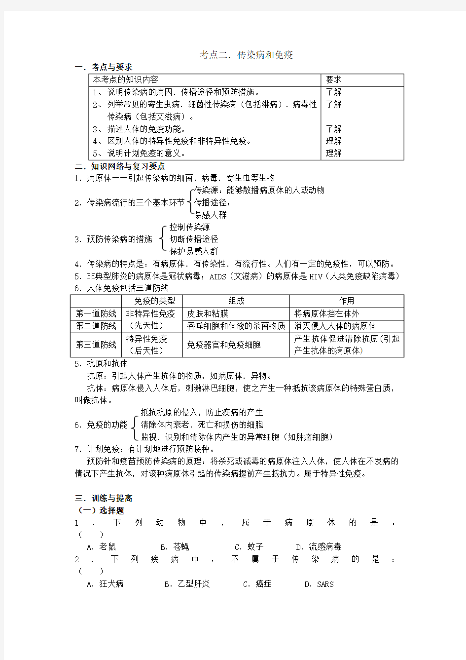 八年级生物会考总复习提纲5(免疫)(含答案)