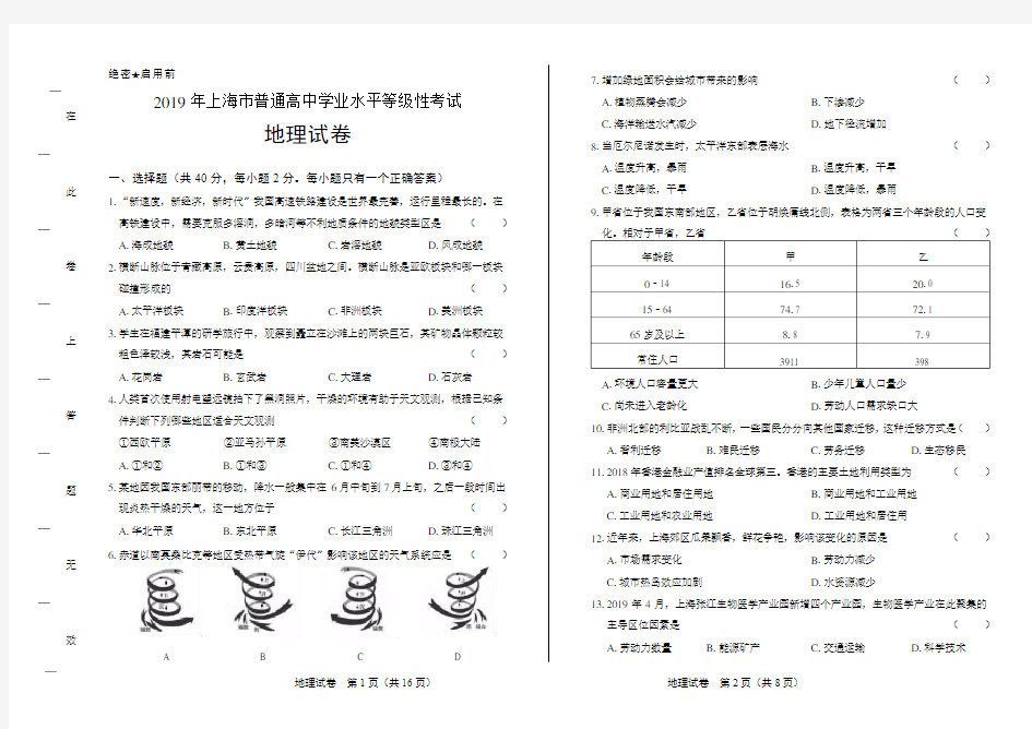 2019年上海市普通高中等级性考试地理试卷(附答案与解析)