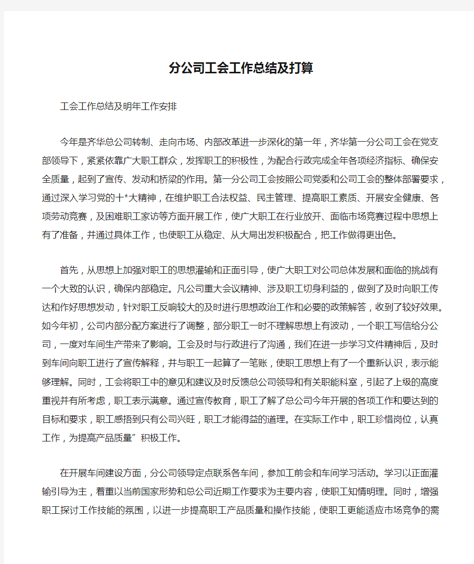 分公司工会工作总结及打算