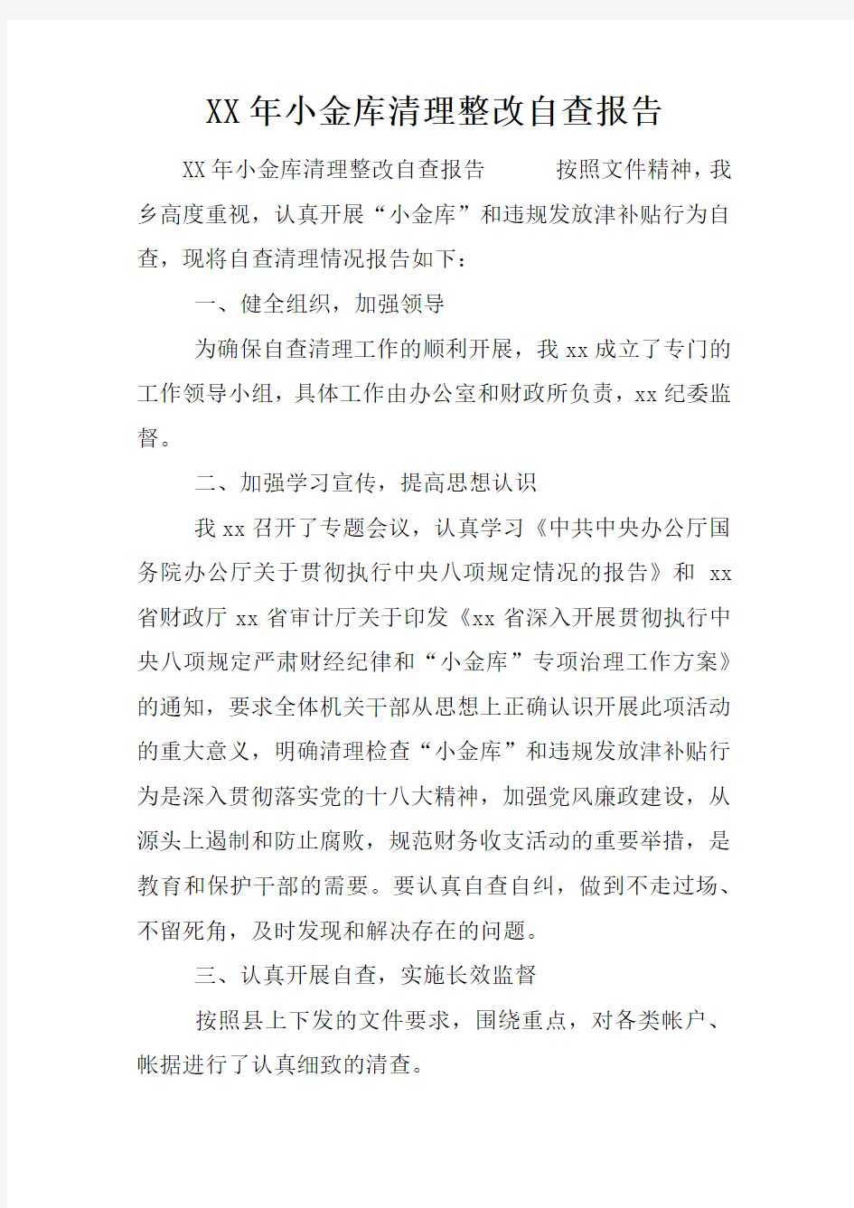 XX年小金库清理整改自查报告