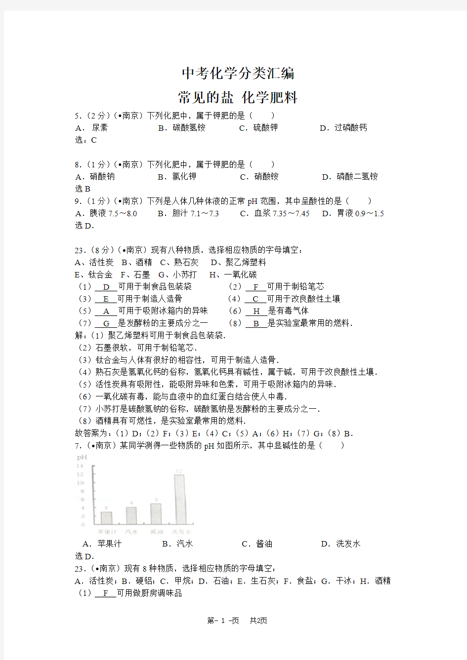 中考化学分类汇编：常见的盐+化学肥料(含答案)