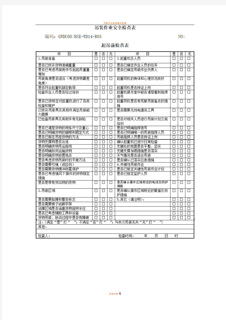 吊装作业安全检查表