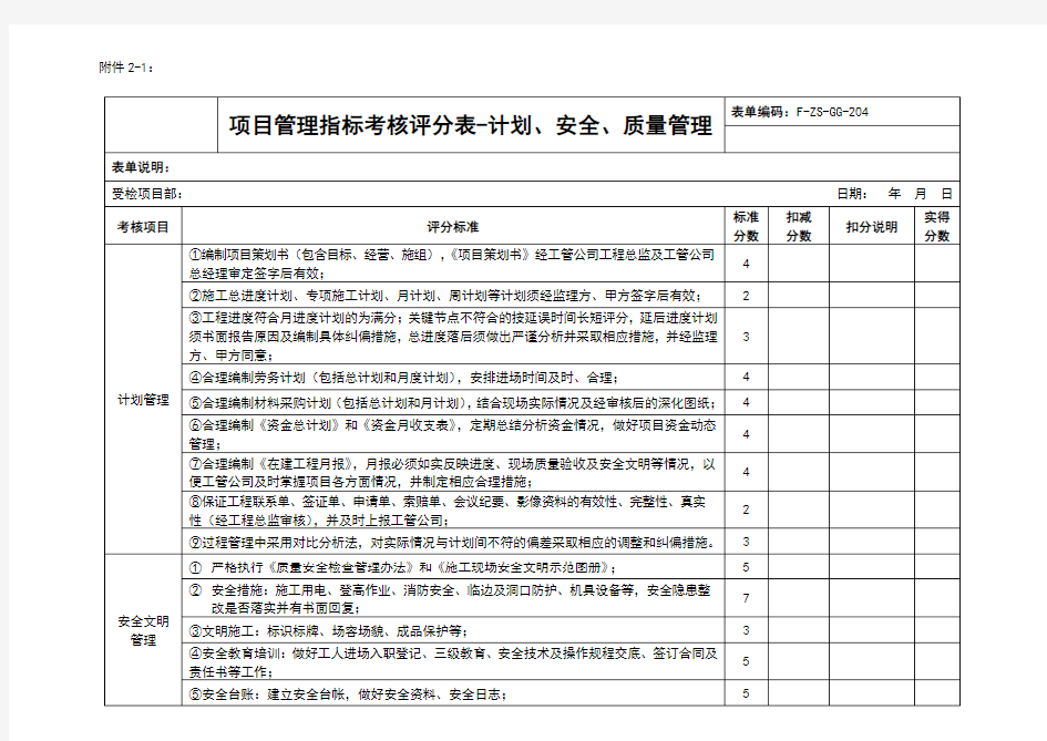 管理指标考核评分表