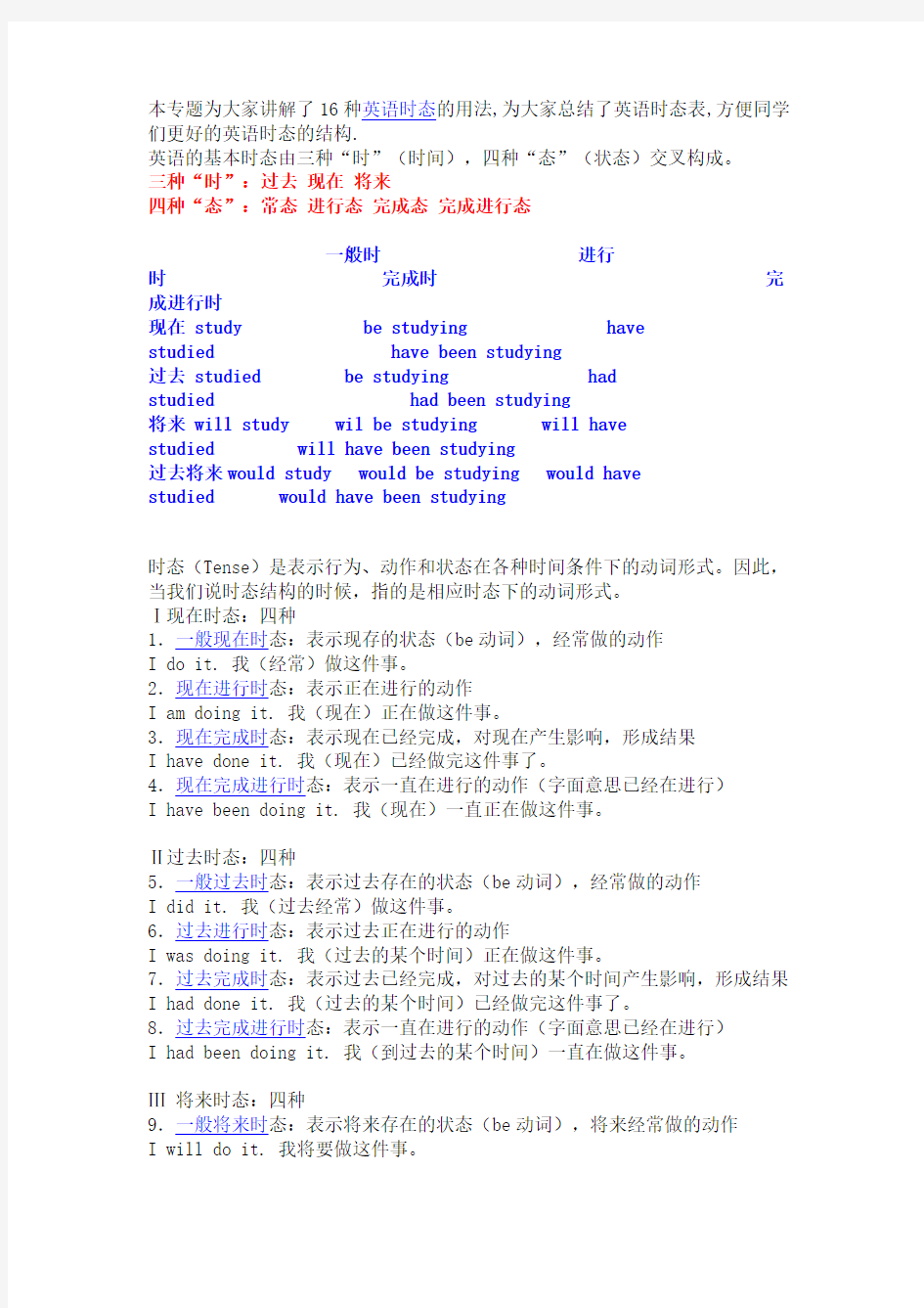 (完整版)16种英语时态的用法