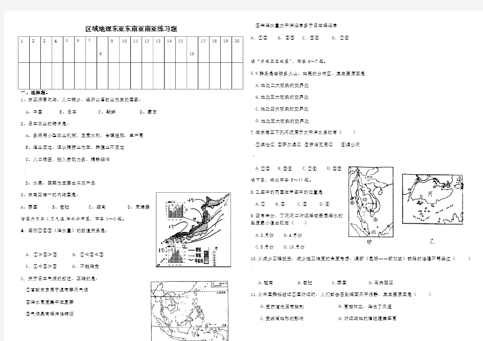 区域地理东亚、东南亚、南亚练习题