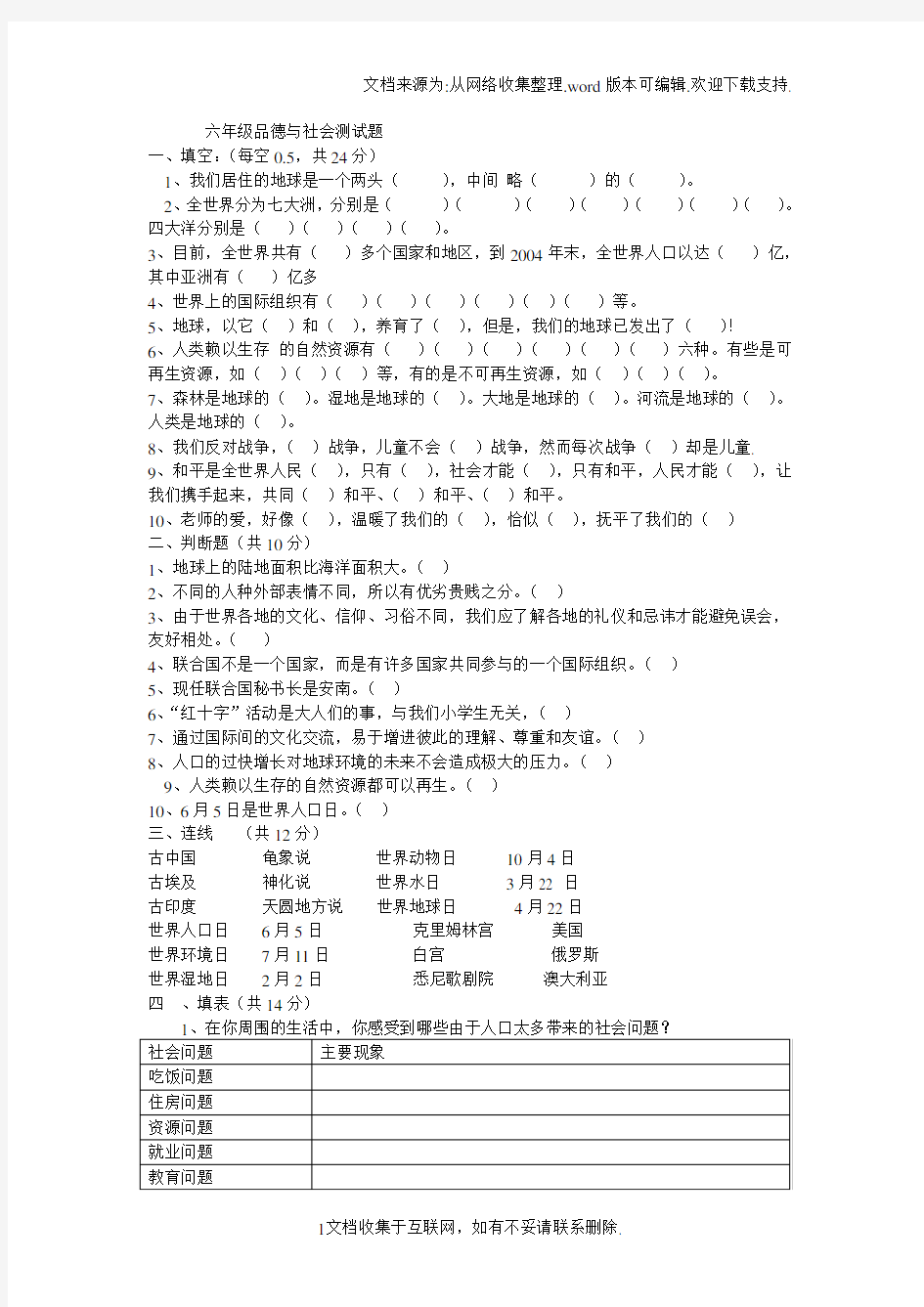 六年级品德与社会测试题