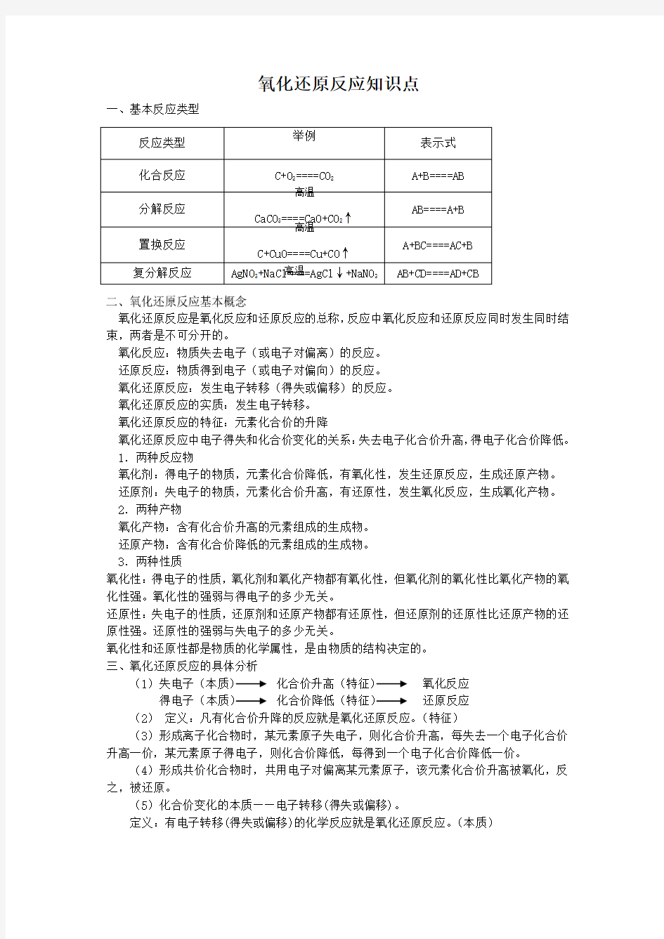 氧化还原反应知识点总结(高一)学案