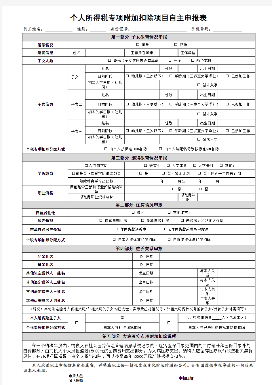 个税专项附加扣除项目自主申报表