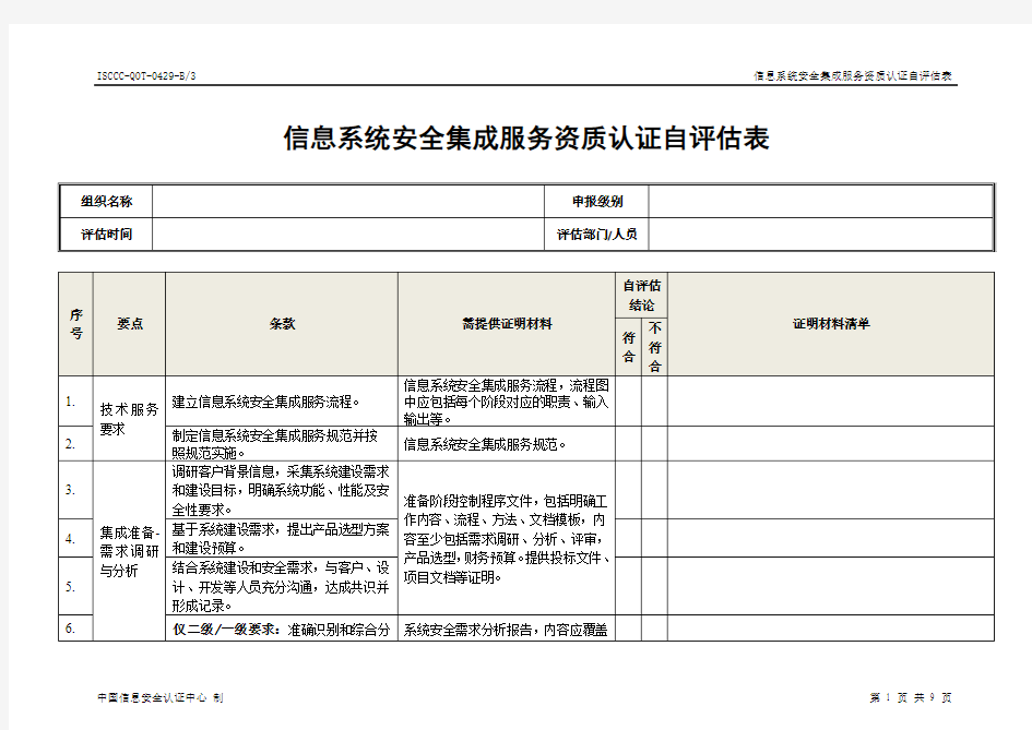 信息安全服务资质自表-安全集成类-中国信息安全认证中心