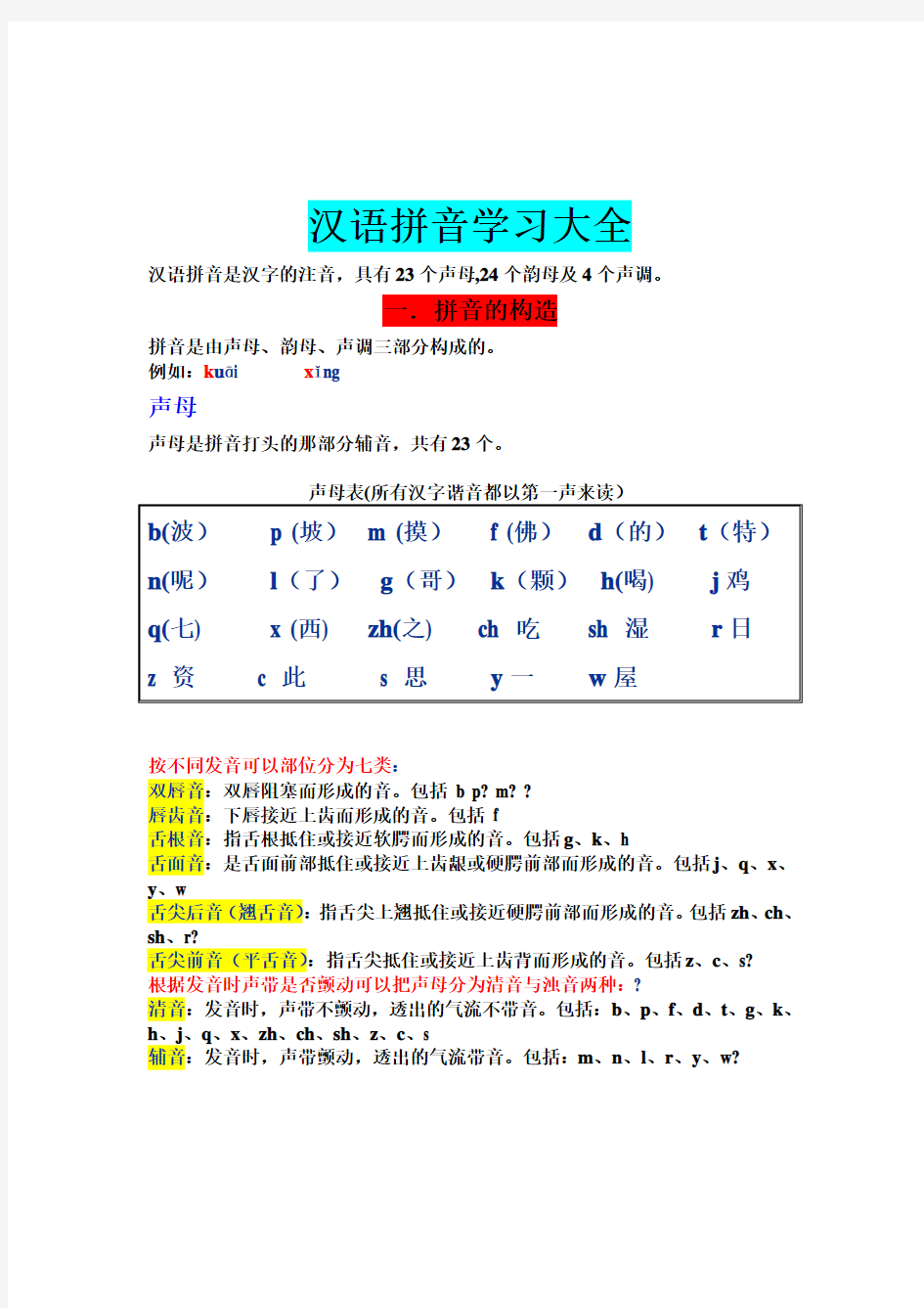 汉语拼音学习大全完整版