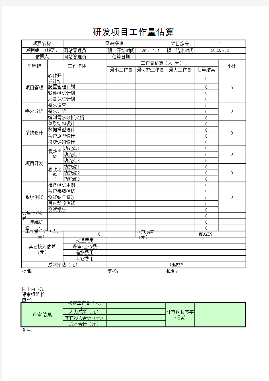 软件开发项目预算表--