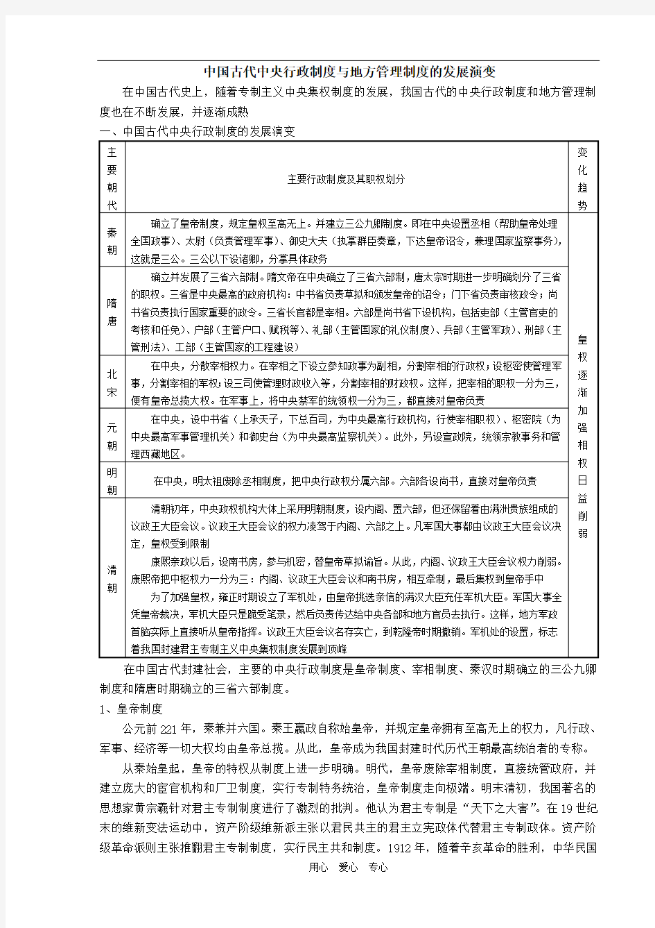 中国古代史政治部分基础知识专题(四)·中国古代中央行政制度与地方管理制度的发展演变