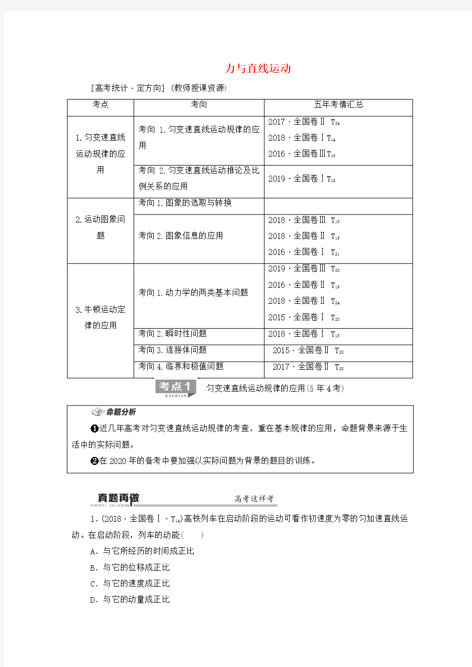 2020版高考物理二轮复习第1部分专题1力与运动第2讲力与直线运动教案