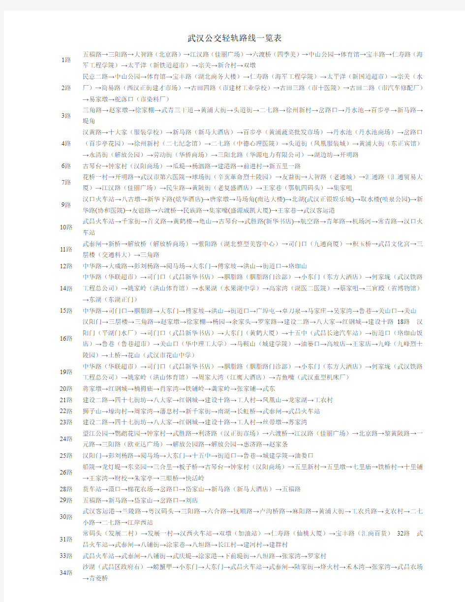 武汉公交轻轨路线一览表