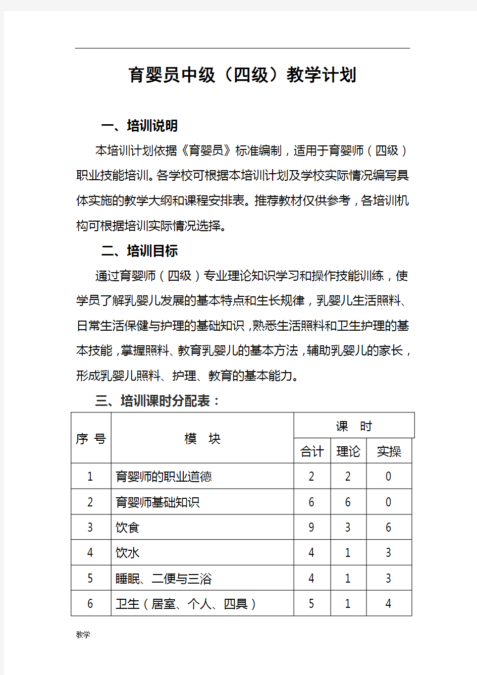 育婴师高级课堂教学大纲.doc