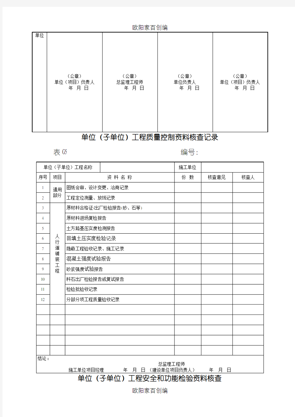 市政工程竣工验收表格之欧阳家百创编