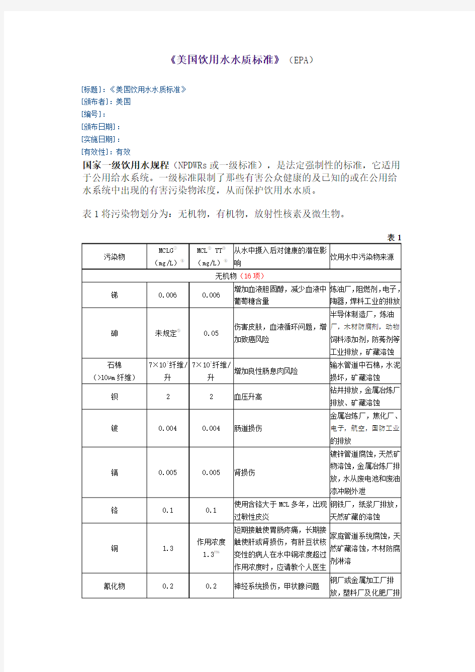 美国饮用水水质标准EPA