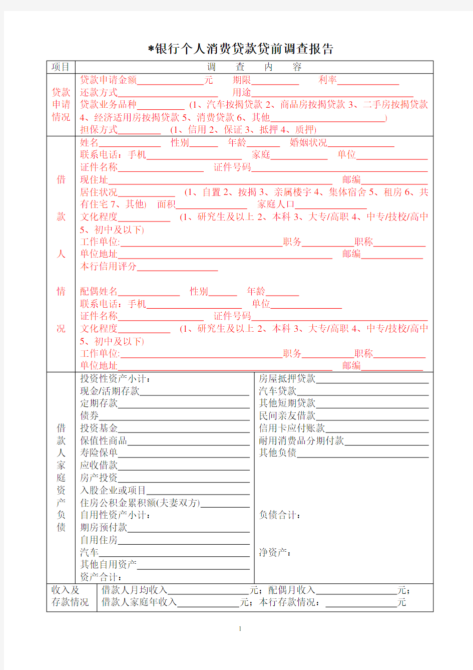 1.个人消费贷款贷前调查报告表