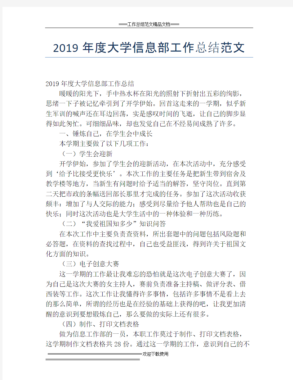 2019年度大学信息部工作总结范文