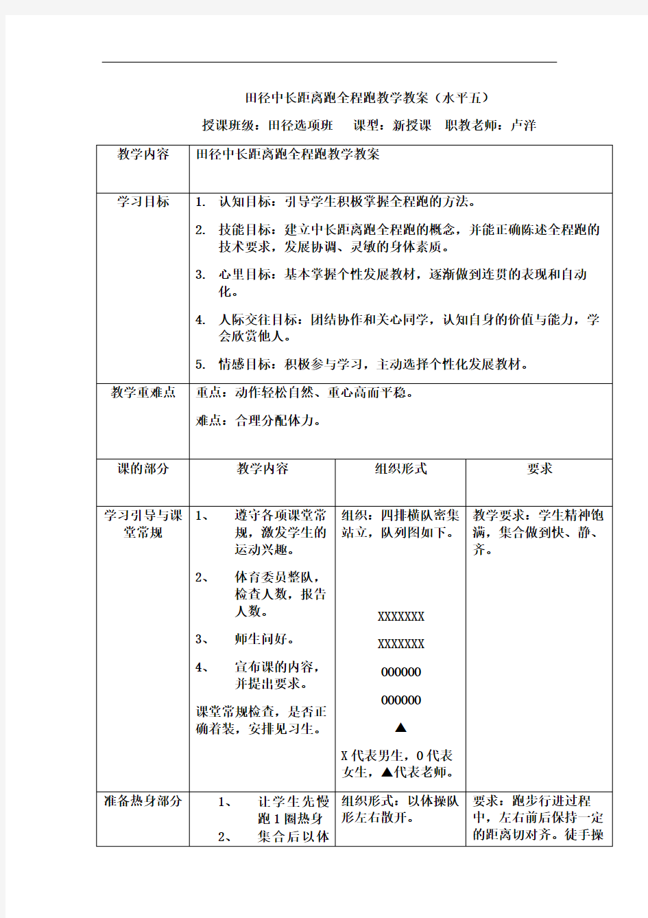 中长距离跑全程跑教学教案