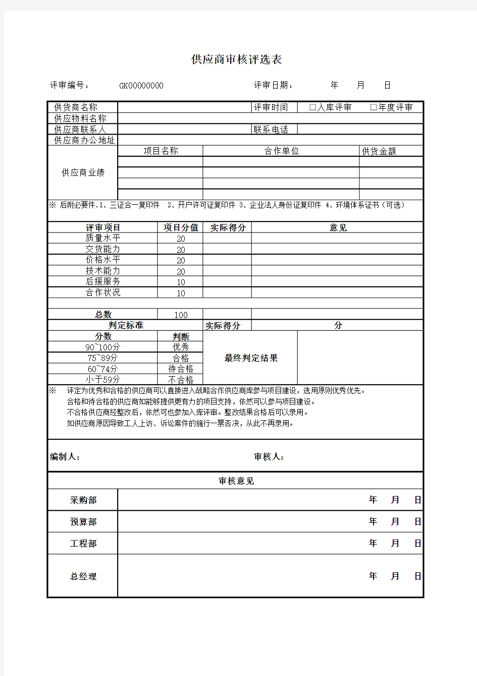 供应商审核评选表