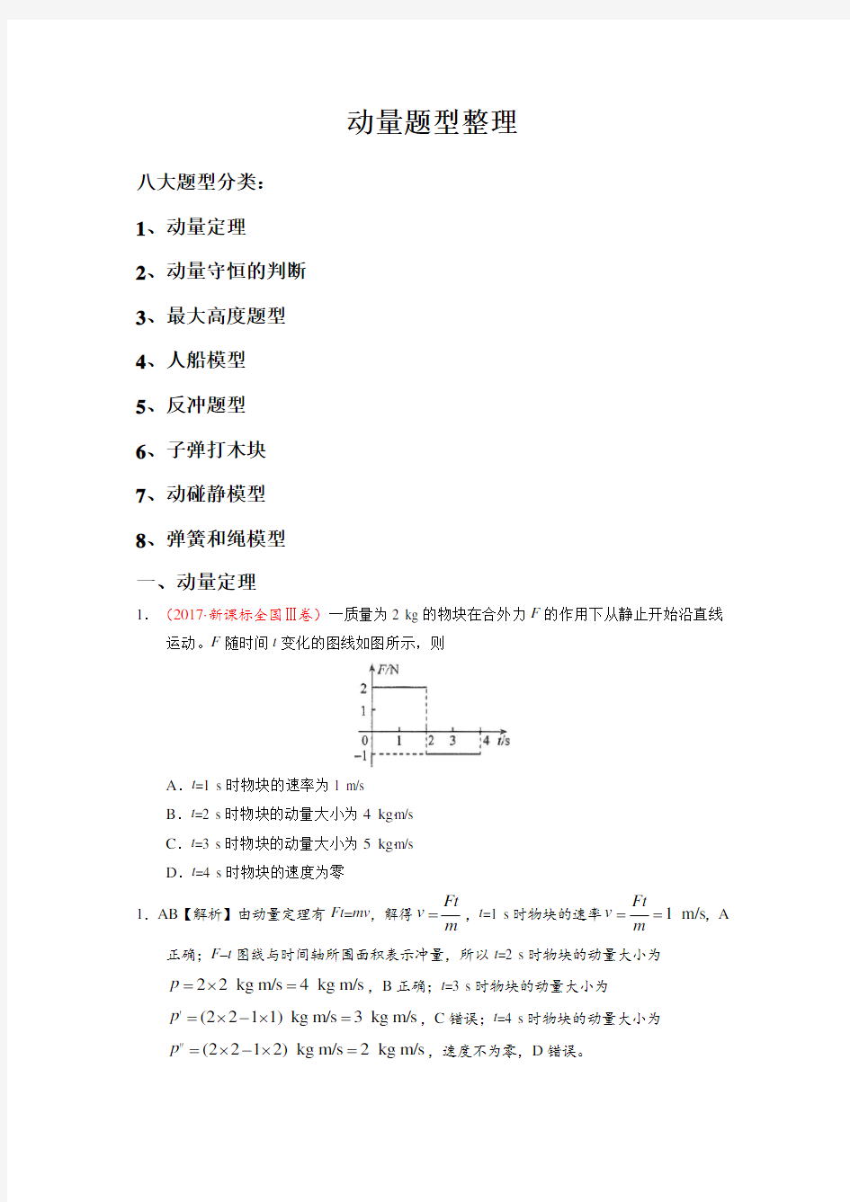 高中物理动量八大题型整理(有题有答案)