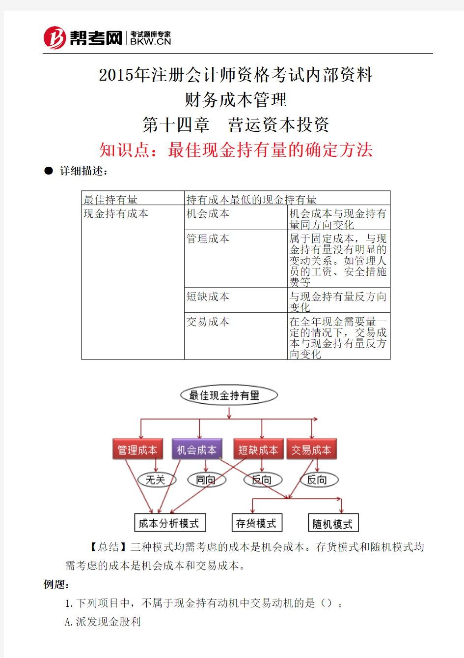 第十四章 营运资本投资-最佳现金持有量的确定方法