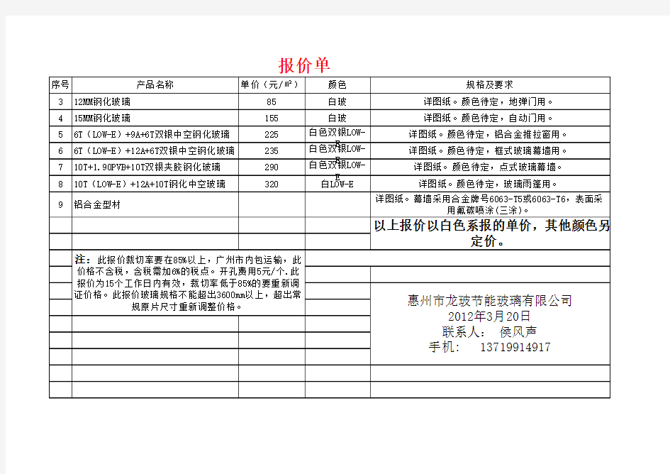 玻璃幕墙报价单