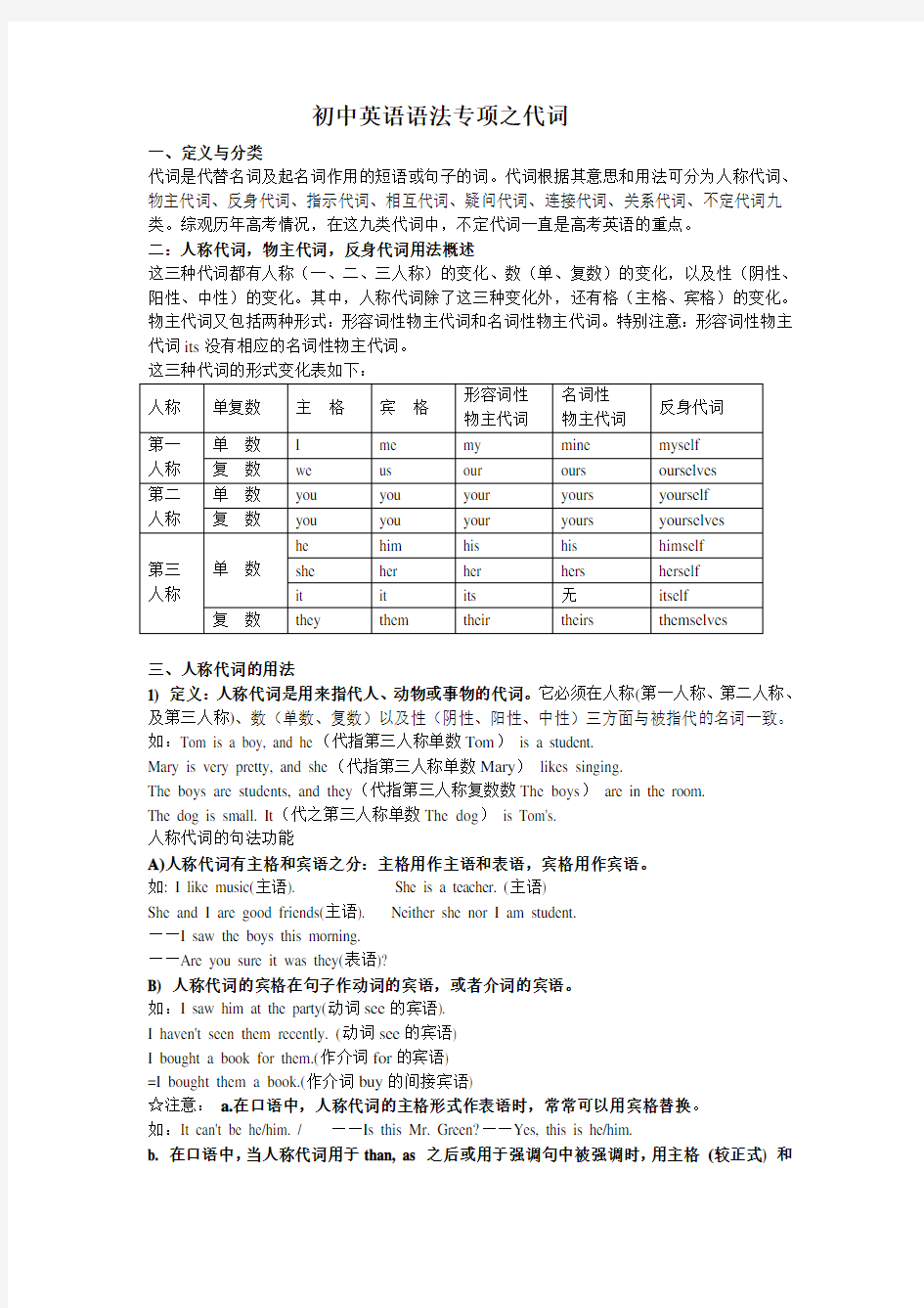 初中英语语法——代词详解与练习