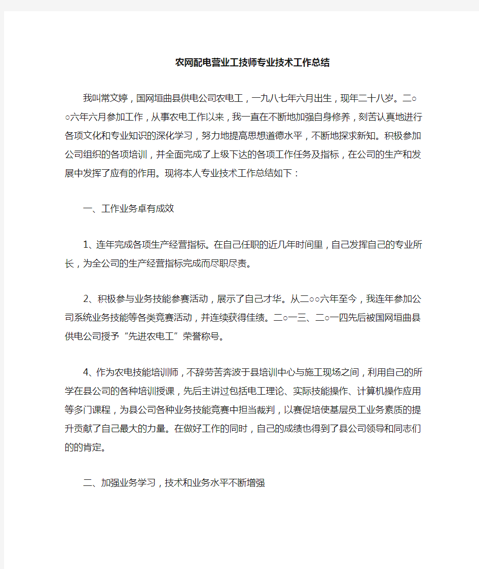 农网配电营业工技师专业技术工作总