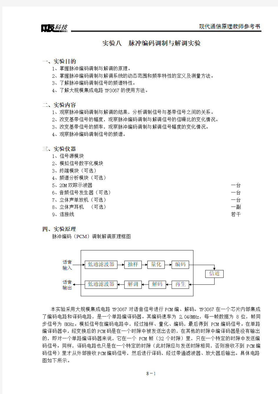 实验八  脉冲编码调制与解调实验