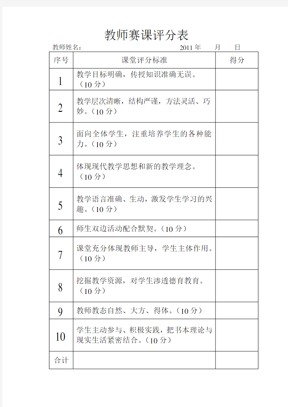 教师赛课评分表