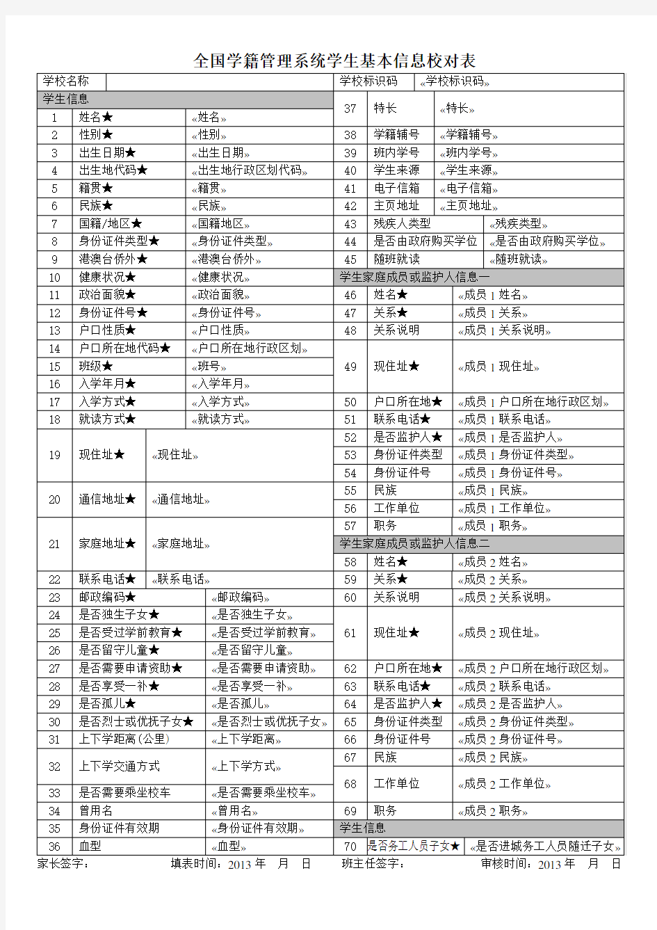 全国学籍管理系统学生信息核对表(模板)