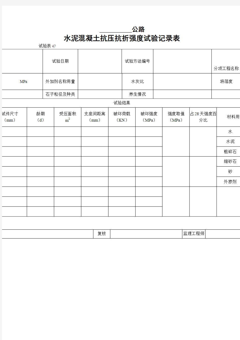 水泥混凝土抗压抗折强度试验记录表