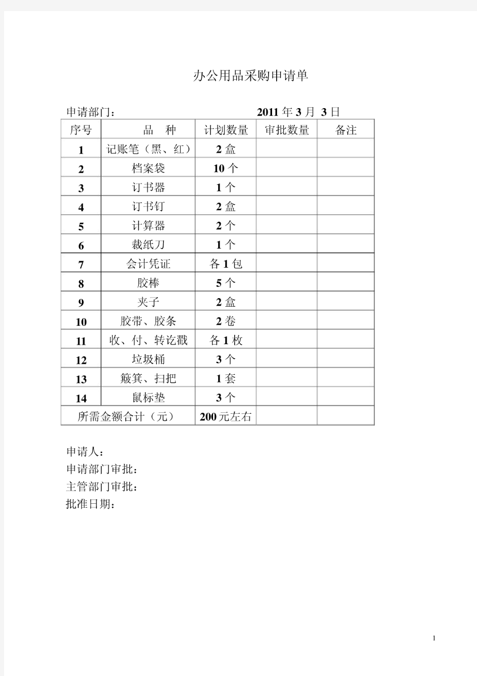 办公用品采购申请表