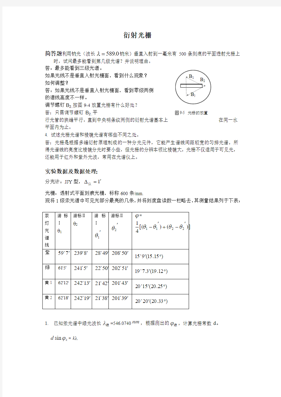 衍射光栅习题及数据处理