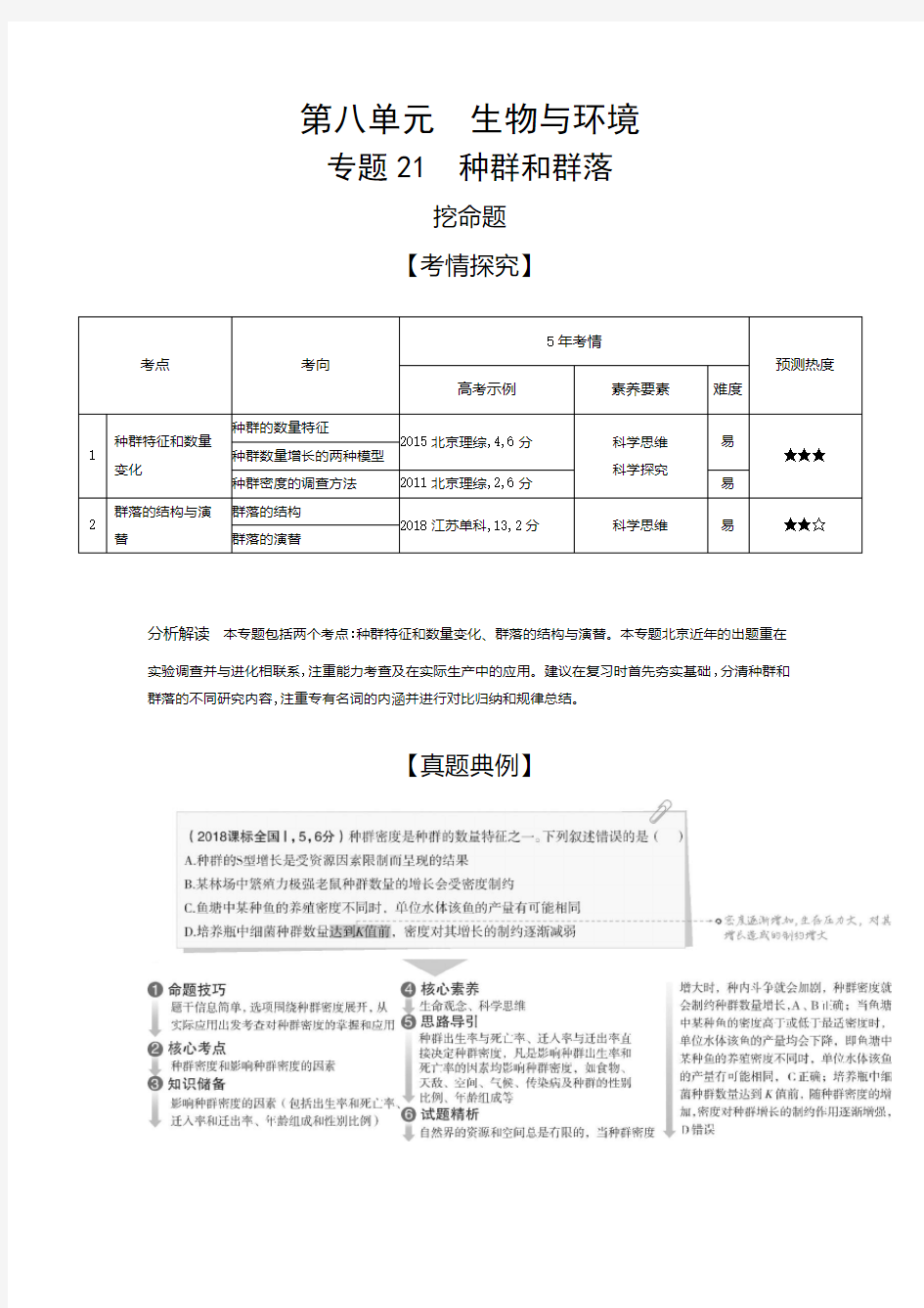 2020年北京高考生物复习专题21 种群和群落