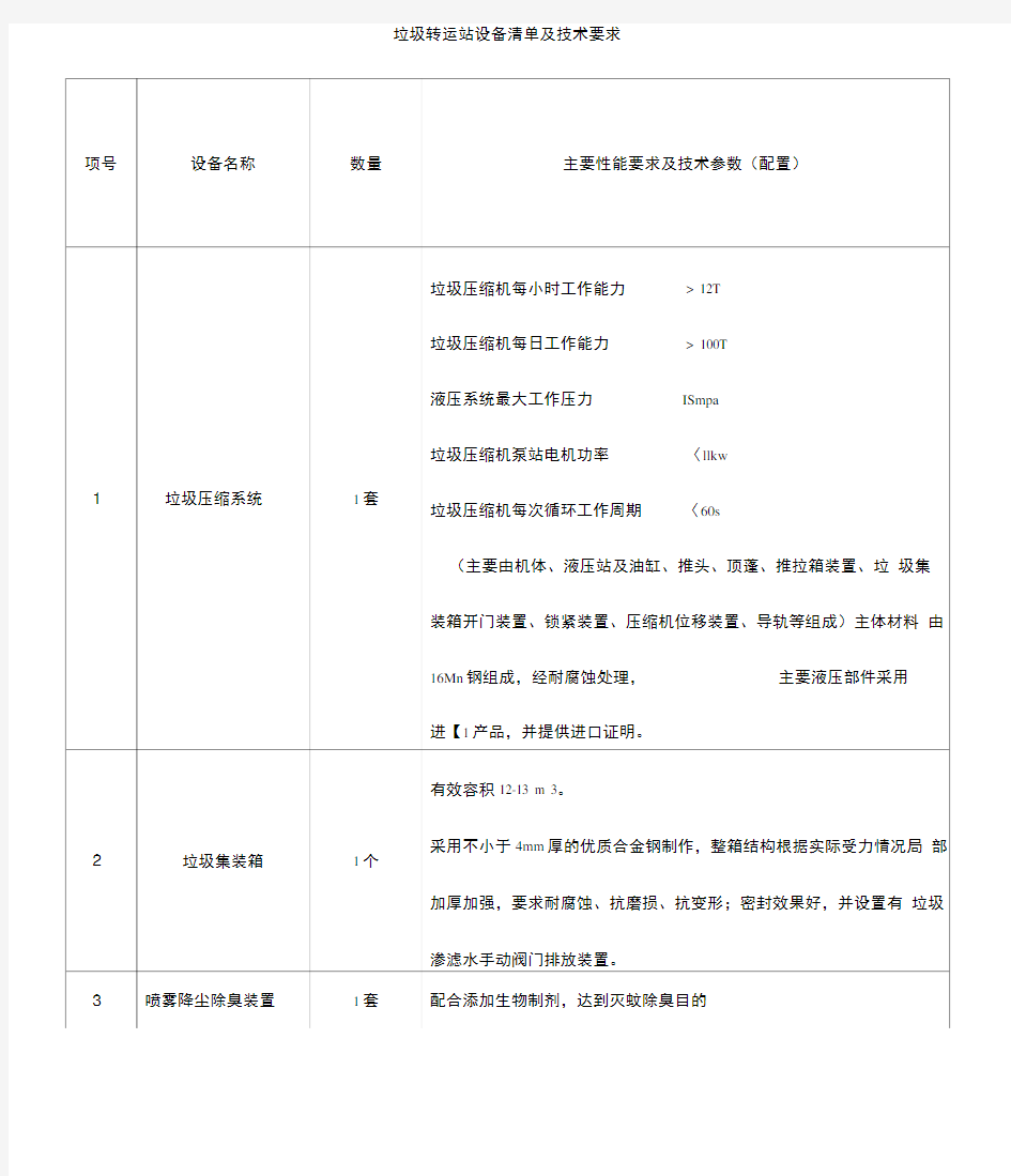 垃圾转运站设备清单及技术要求