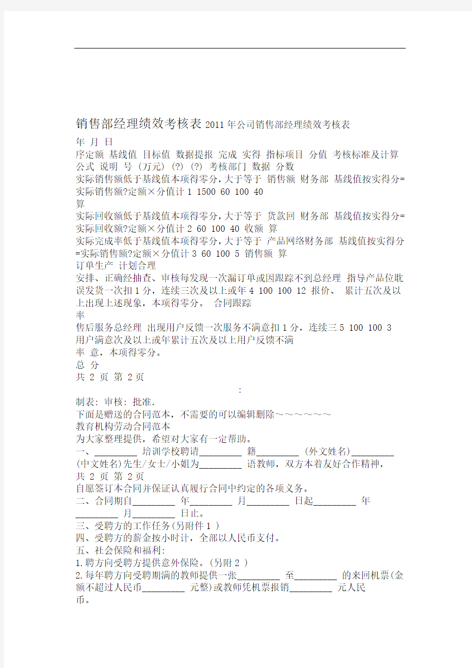 销售部经理绩效考核表