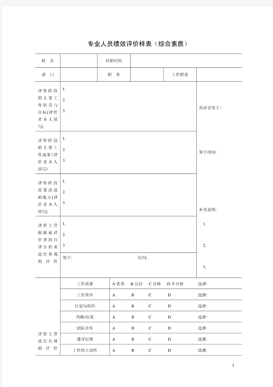 专业人员绩效评价样表(综合素质)